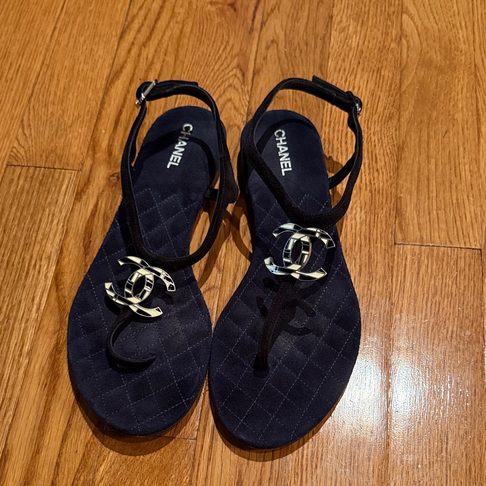 Chanel Black Sandals with Silver Logo